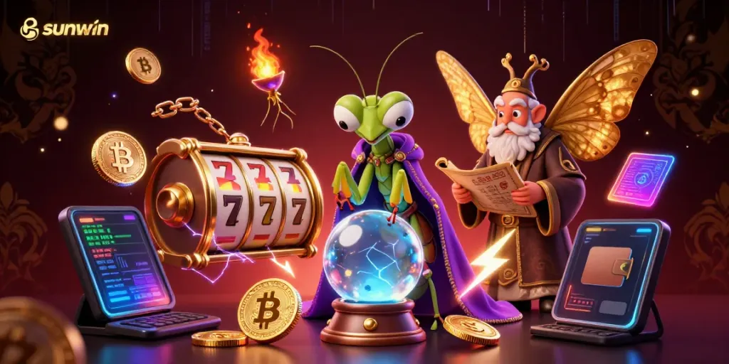 Spin the reels at Sunwin with a vibrant scene featuring a cartoon fortune teller and mystical elements.