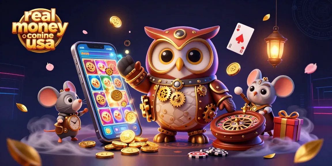 Engage with real money casino online usa: a vibrant 3D scene featuring a time-traveling owl and casino elements