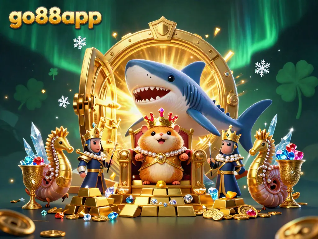 Experience the thrilling world of go88app with a fierce hamster king surrounded by treasures and ocean guardians in a vibrant casino setting.