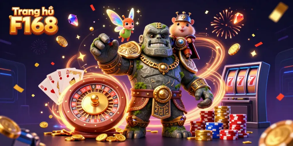 Experience the excitement of Trang chủ F168 with a vivid scene of casino elements and characters.