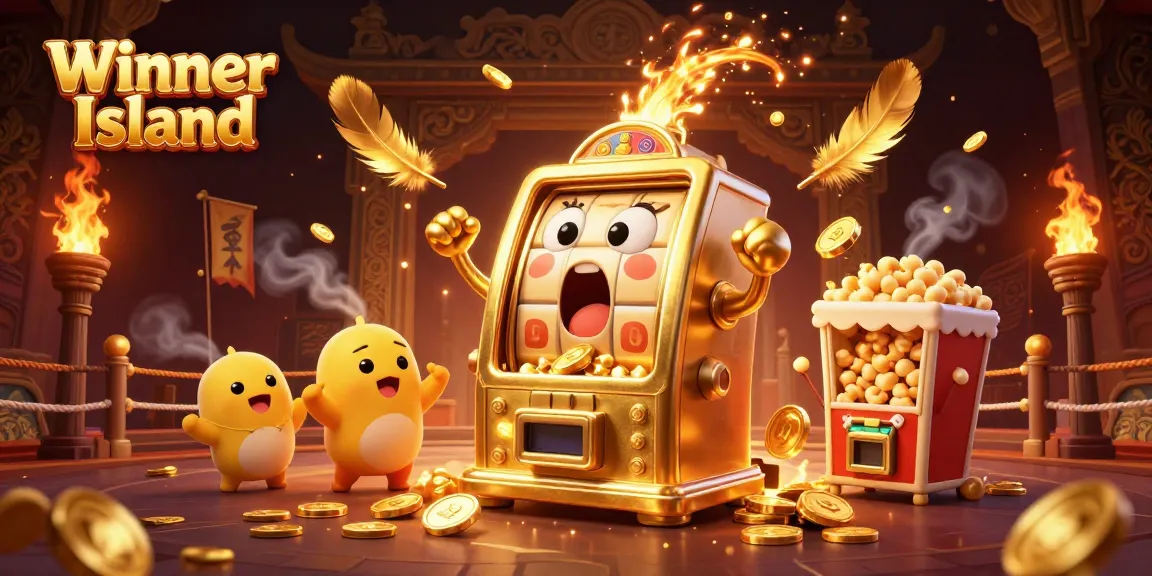 Winner Island slot machine celebrates jackpot wins with golden coins pouring and cheering characters in a vibrant casino setting