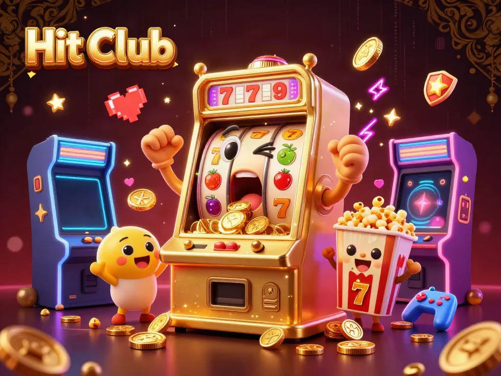 Hit Club slot machine wins jackpot, surrounded by cheering machines and arcade elements.