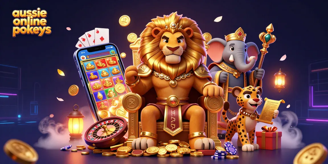 Engage with aussie online pokies in a vibrant casino scene featuring characters and dynamic gaming elements.