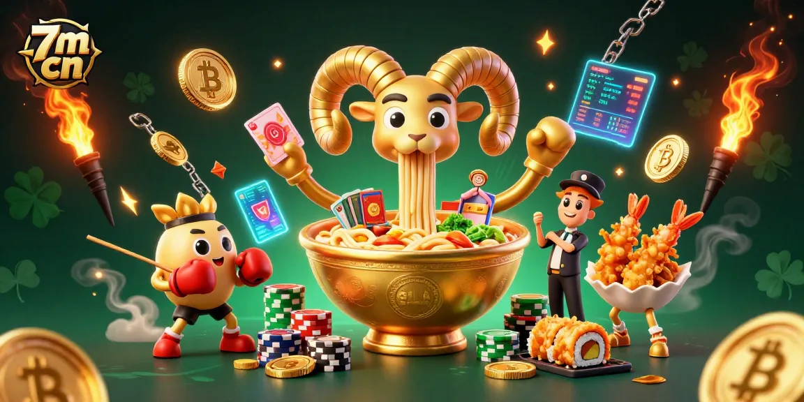 Experience vibrant gaming action with 7m cn as a golden ramen bowl dealer interacts with crypto coins.