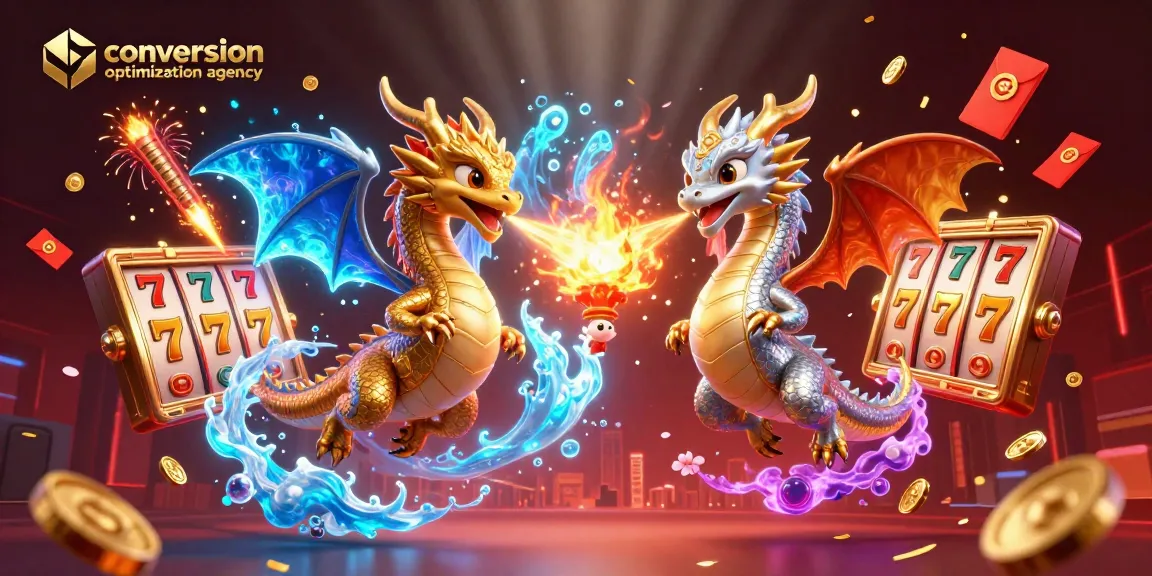 Engaging scene depicting a conversion optimization agency featuring golden and silver dragons amidst casino elements.