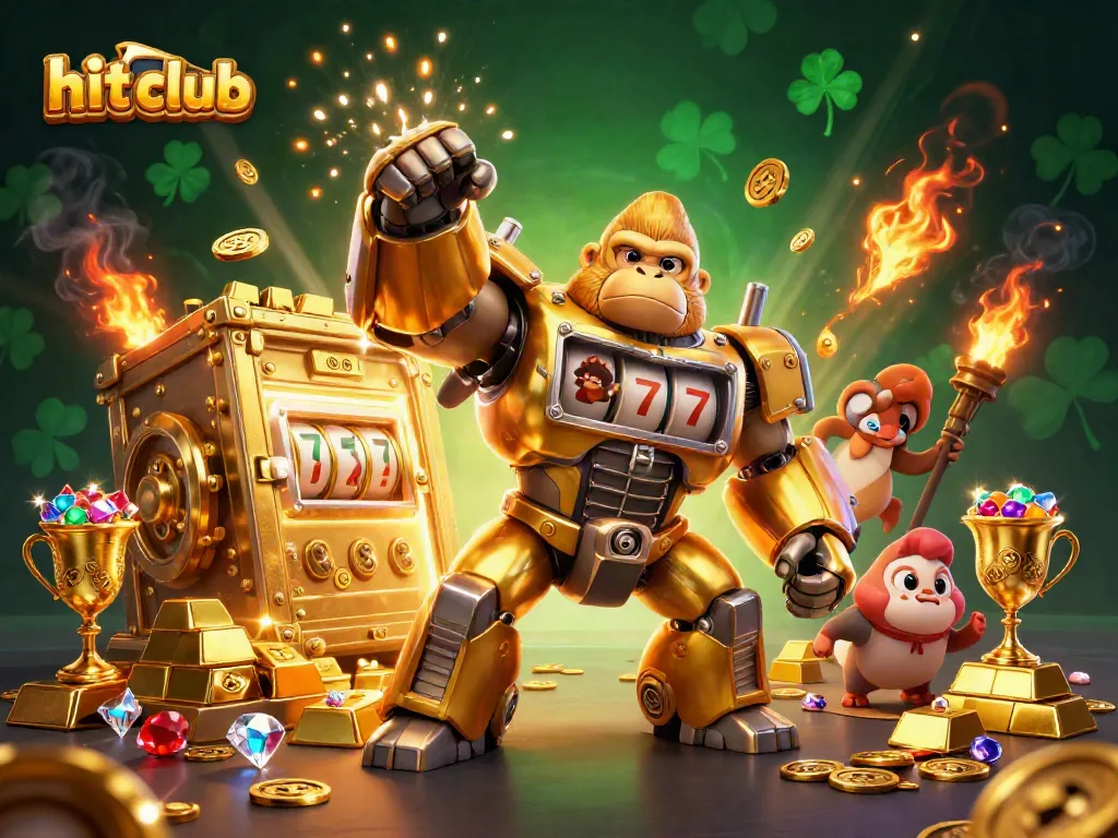 Experience thrilling play at hit club with a dynamic 3D scene of a golden gorilla mech amidst treasures.
