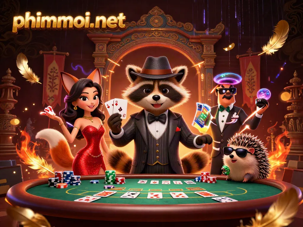 Experience phimmoi-net's vibrant casino adventure featuring a suave raccoon and charming fox in a lively poker scene.