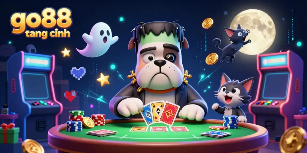Engaging scene of the go88 trang chính gaming experience with a playful Frankenstein bulldog character surrounded by vibrant casino elements.