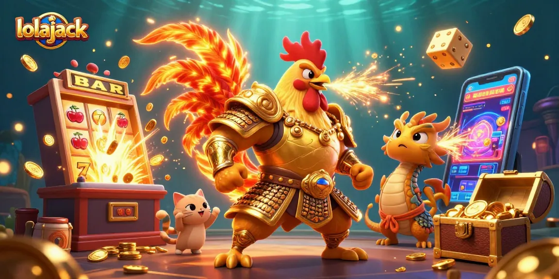 Experience the excitement at Lolajack casino with a colorful 3D illustration showcasing dragons and vibrant game elements.