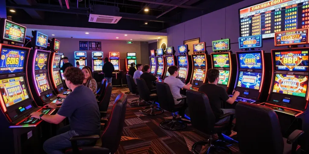 Penggemar bermain slot88 di ruang permainan modern dengan mesin slot berwarna-warni.