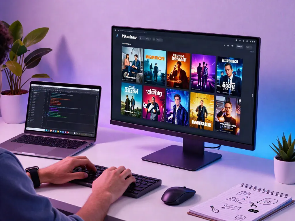 Pikashow app interface on PC showcasing movie thumbnails while a tech-savvy user engages with Android emulators on a sleek workspace at https://pickashowapp.com/for-pc2/.