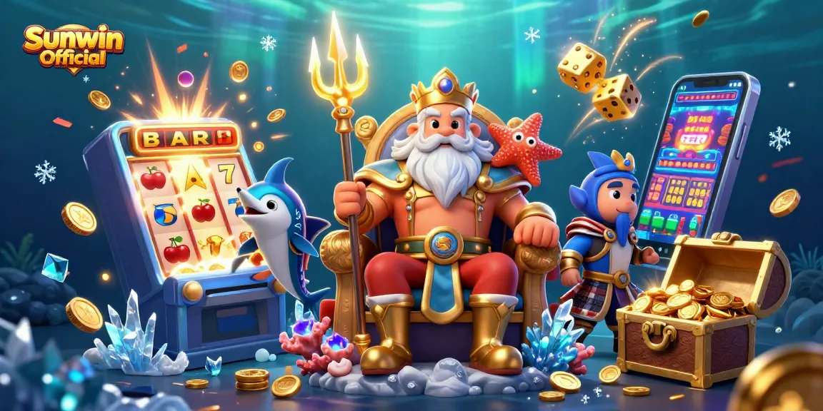 Engage with Sunwin Official through a thrilling jackpot scene depicting Neptune and dynamic gaming elements.