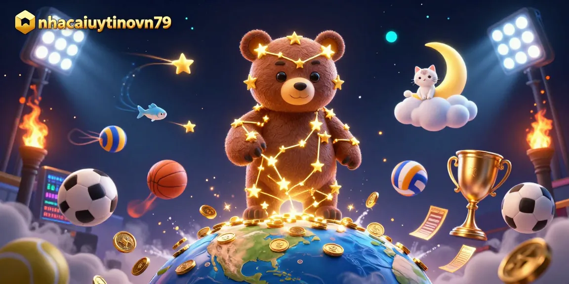 Engage in thrilling sports betting with nhacaiuytinovn79 as a golden constellation bear retrieves coins amid dynamic gaming elements.