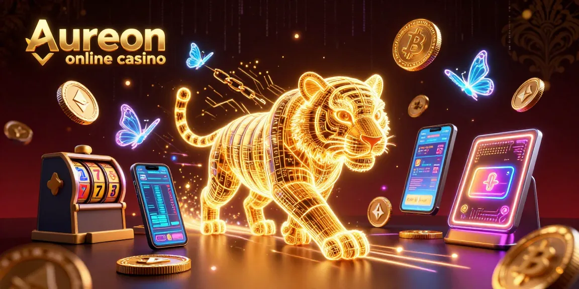 Aureon online casino features a 3D neon tiger in a vibrant digital gaming landscape with crypto elements.