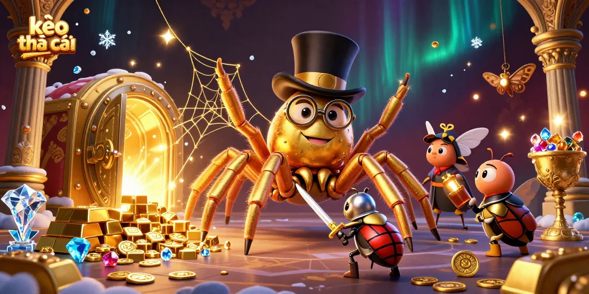 Kèo nhà cái showcases a giant golden tarantula and beetle knight amidst riches, emphasizing action in a casino.